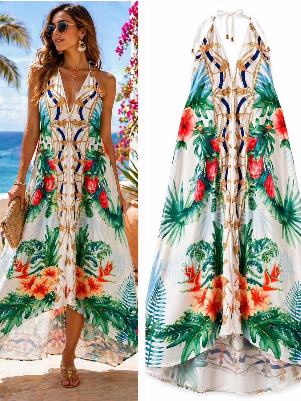 TROPICAL Halter MAXI Hem Resort SUMMER DRESS Vacation Boho WOMEN'S Size M L